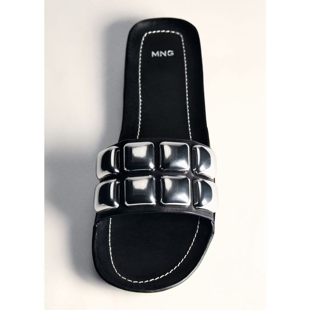 MANGO MNG Leather Maxi Stud Slide Sandals Black EUR 37 US 6.5-7 Womens NWT